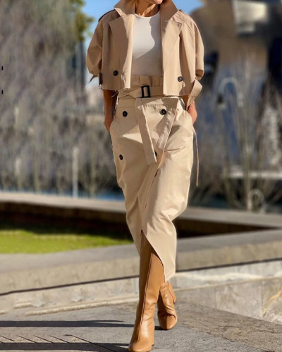 Autumn casual cargo jacket midi skirt two piece matching set