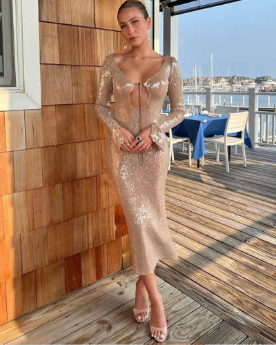 Women's Autumn Dress Sequined V-neck Backless Slim Party Dress