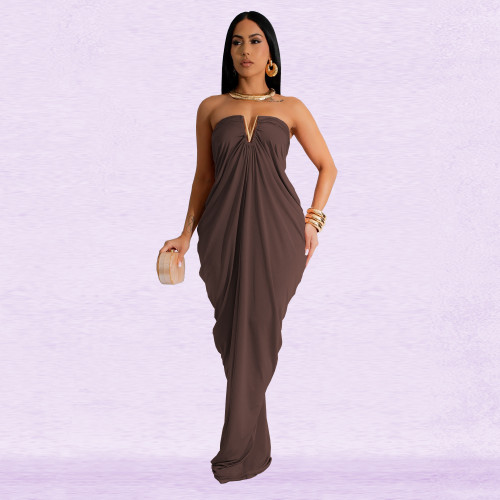 Women solid color sexy slim v neck long party dress