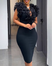 Solid color V-neck ruffled bodycon tight dress