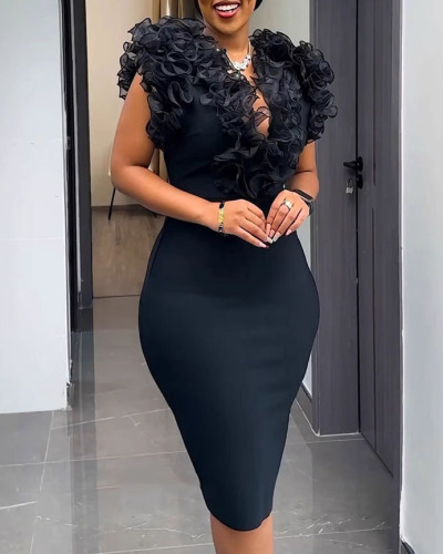 Solid color V-neck ruffled bodycon tight dress