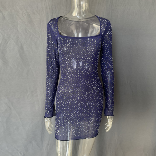Women's autumn dress diamond sexy long-sleeved sheer dress