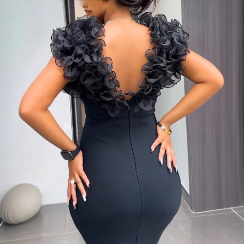 Solid color V-neck ruffled bodycon tight dress