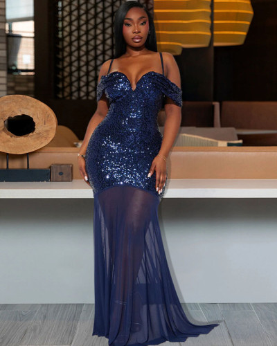 Women's sequined evening dress sexy sling beaded mesh long gown