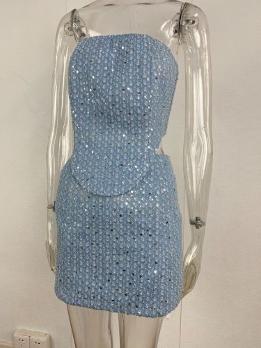 Women's denim sequined slim-fit tube top matching bottom two piece set
