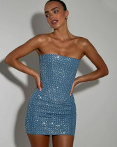 Women's denim sequined slim-fit tube top matching bottom two piece set