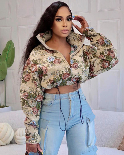 Short coat autumn drawstring jacquard long-sleeved cropped jacket