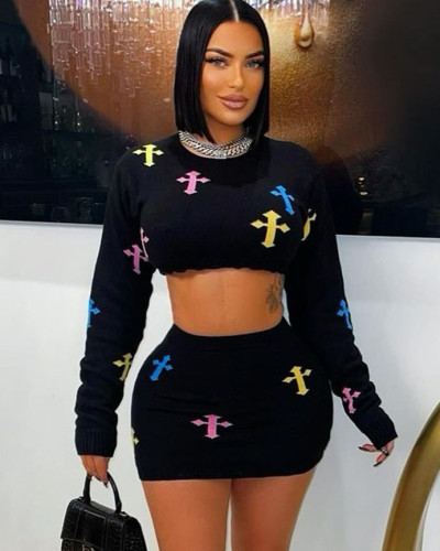 Slim Fit Sexy Knitted Long Sleeve Top Mini Skirt Set