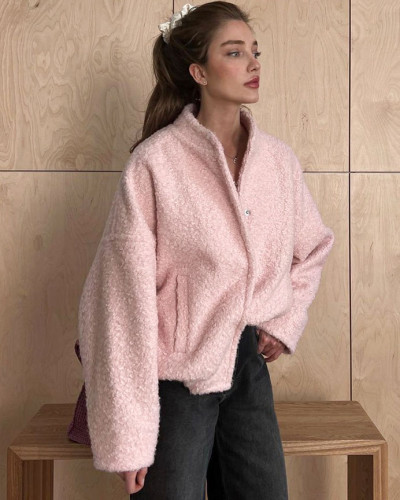Pink jacket winter casual stand collar drop shoulder long sleeve short coat