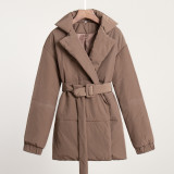 Winter coat thickened slim waist solid color belt coat