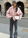 Pink jacket winter casual stand collar drop shoulder long sleeve short coat