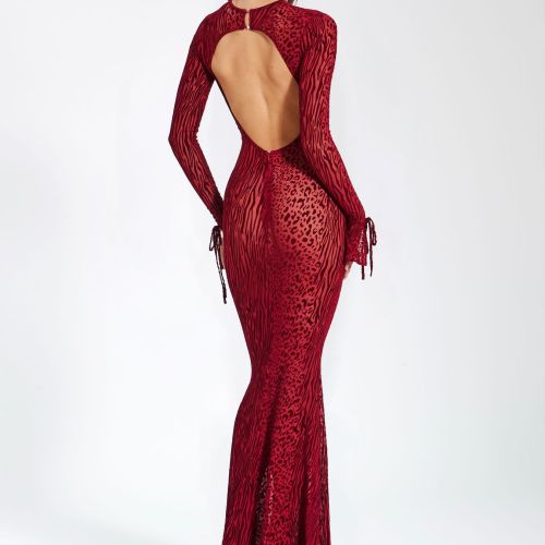 Sexy backless trumpet sleeve fishtail red leopard print long dress