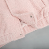 Pink jacket winter casual stand collar drop shoulder long sleeve short coat
