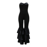 Women's Sexy Solid Color Bell Bottom Strapless Formal Jumpsuit