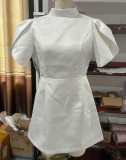 Solid color half turtleneck short sleeve white dress
