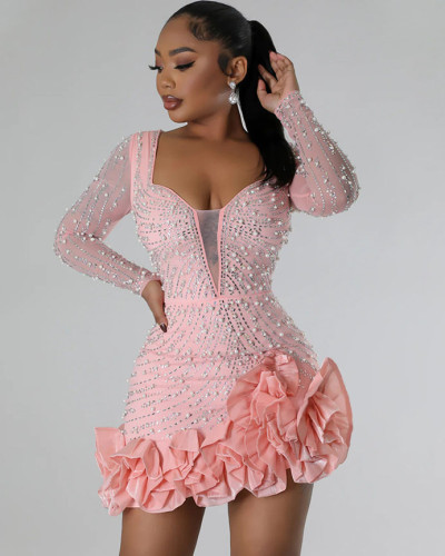 Autumn and winter women's sexy rhinestone beads dress