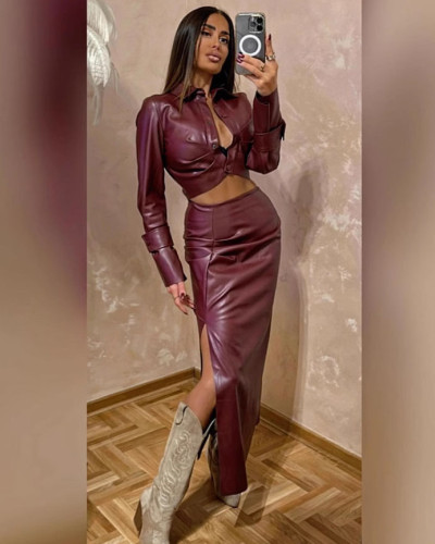 Women's slim-fit long-sleeved leather top high waist pleated slit skirt two-piece set