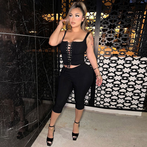Women's Sexy Lace-up Vest Slim Fit Solid Color Shorts Set