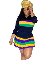Women's casual sports striped print pleated skirt two-piece set