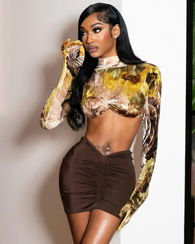 Women's Sexy Long Sleeve Gloves Top Pleated Skirt Set