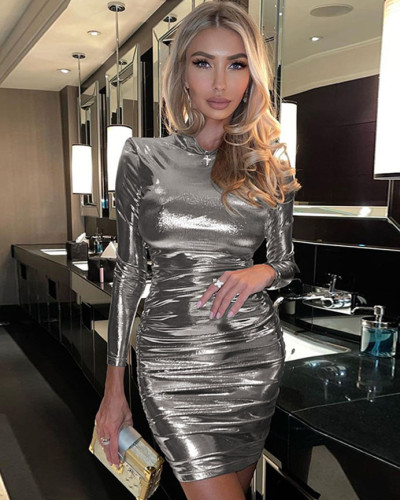 Women's sexy slim pleated long sleeve mini bodycon dress