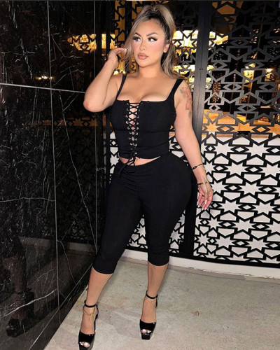 Women's Sexy Lace-up Vest Slim Fit Solid Color Shorts Set