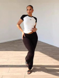 Women's Contrast Color Sports Fitness Yoga Short Sleeve Shirt Long Pants Two-piece Set
