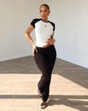 Women's Contrast Color Sports Fitness Yoga Short Sleeve Shirt Long Pants Two-piece Set