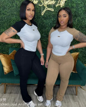 Women's Contrast Color Sports Fitness Yoga Short Sleeve Shirt Long Pants Two-piece Set