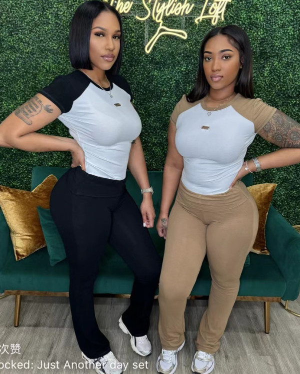 Women's Contrast Color Sports Fitness Yoga Short Sleeve Shirt Long Pants Two-piece Set