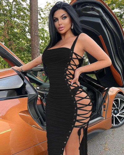 Women's sexy slim fit side lace-up black party dress