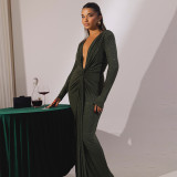 Women's Sexy Deep V Neck Ribbon Slit Slim Fit Maxi Evening Dress