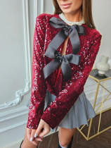 Round Neck Sequin Top Sweet Bow Button Long Sleeve Jacket