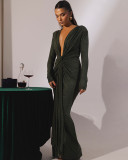 Women's Sexy Deep V Neck Ribbon Slit Slim Fit Maxi Evening Dress