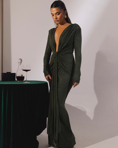Women's Sexy Deep V Neck Ribbon Slit Slim Fit Maxi Evening Dress