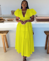 Women's sexy hollow out puff sleeve pleated maxi dress