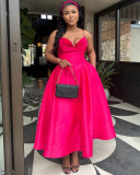 Women's elegant V-neck high waist slim A-line sling dress long dress