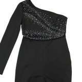 Women black beaded one shoulder formal jumpsuit