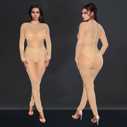 Women sexy beaded sheer jumpsuit with full sleeves