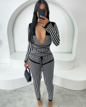 Women's sexy deep V-neck striped contrast color slim-fitting strappy long-sleeved knitted jumpsuit