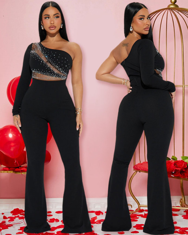 Women black beaded one shoulder formal jumpsuit