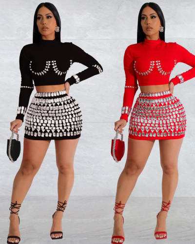 Women sexy rhinestones top + skirt set