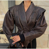 Women lapel tie long sleeve leather jacket