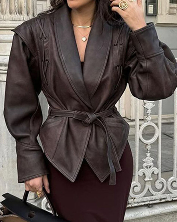 Women lapel tie long sleeve leather jacket