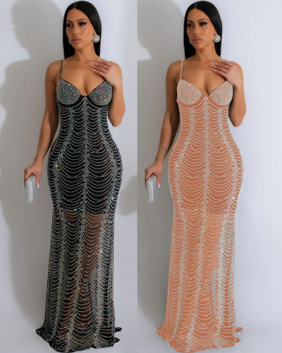 Women's solid color mesh rhinestone straps long evening dress