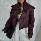 Women loose short leather jacket