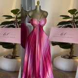 Women's sweet pleated halter neck maxi swing dress
