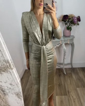 Women's sexy v-neck solid color metallic tight dress