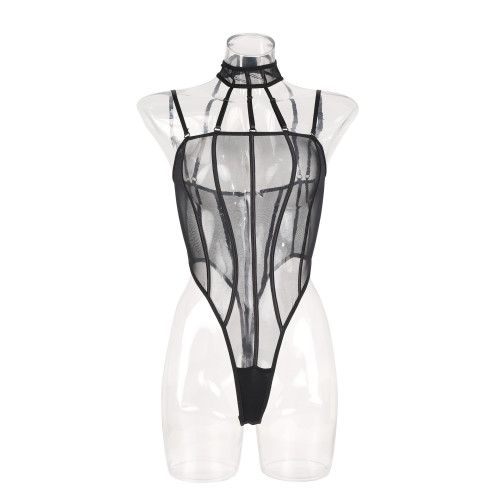 Women black transparent mesh teddy lingerie