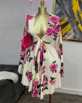 Women's Printed Floral V-Neck Trumpet Sleeve Top High Waist A-Line Skirt Two-Piece Set